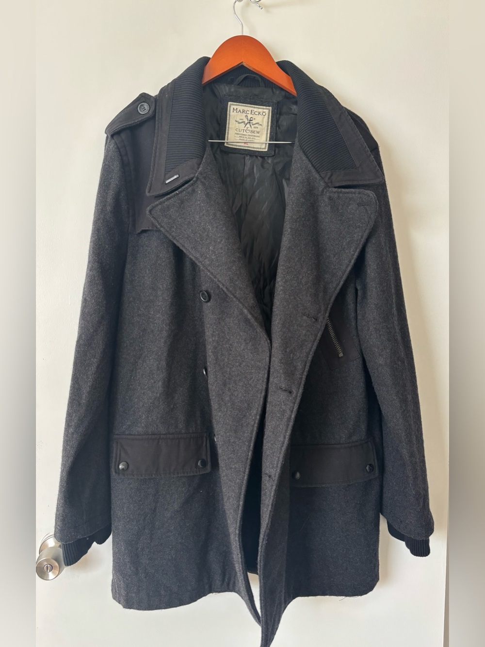 Marc Ecko Cut & Sew men double-breasted wool-blend dark charcoal grey peacoat XL